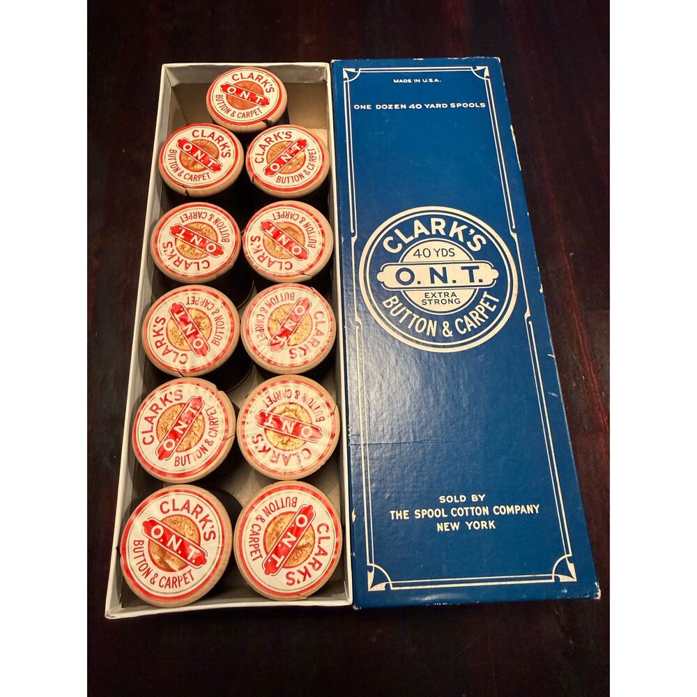 Vntg Clark's O.N.T. Extra Strong Button Thread, Box & American Silkateen Bundle